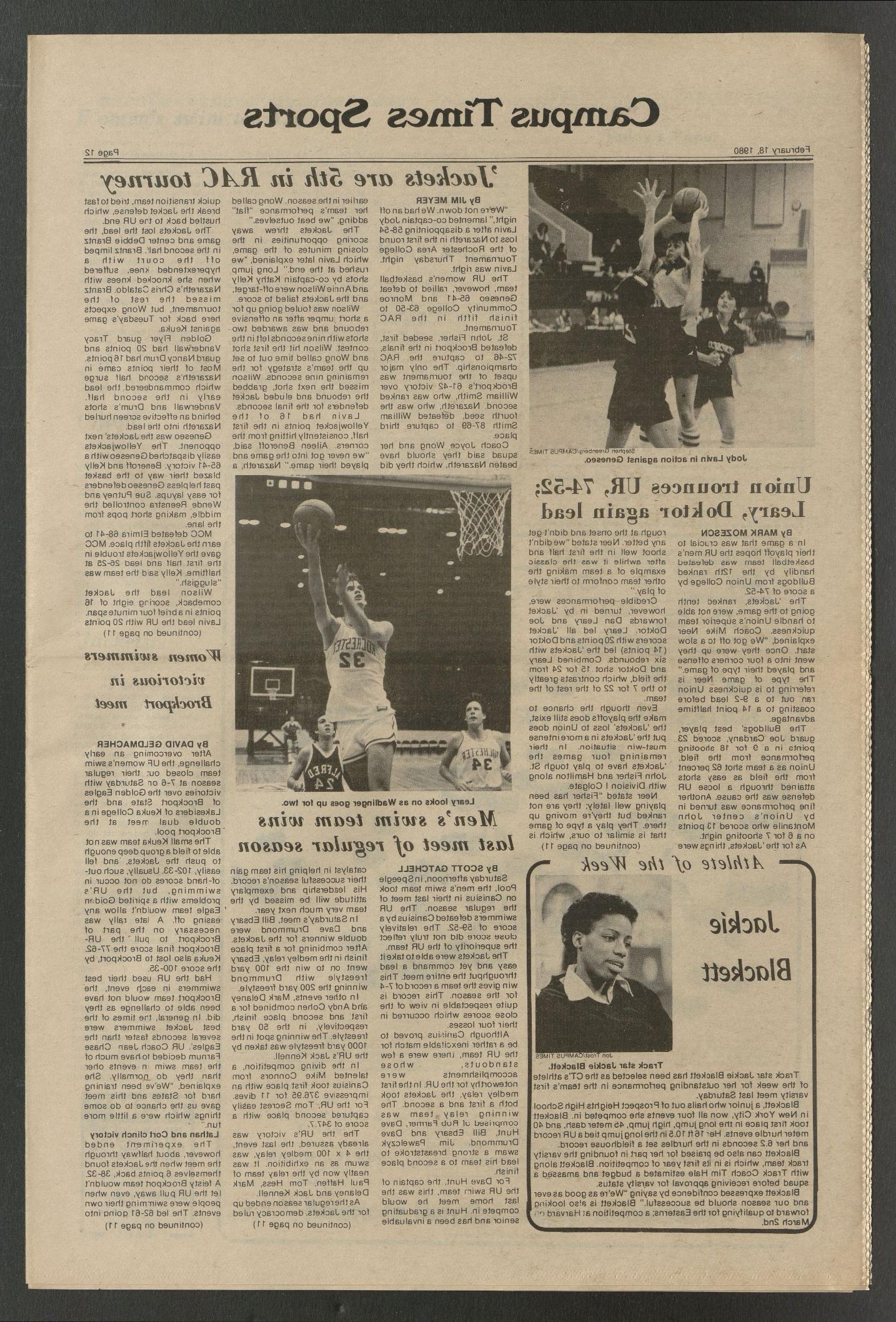 1980年2月18日，《校园时报》刊登了一篇关于杰基·布莱克特的文章.