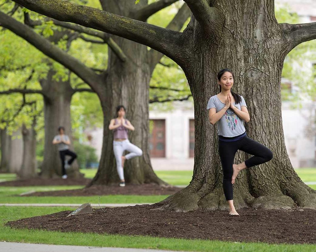 Three students standing in front of three trees doing yoga tree pose at University of Rochester