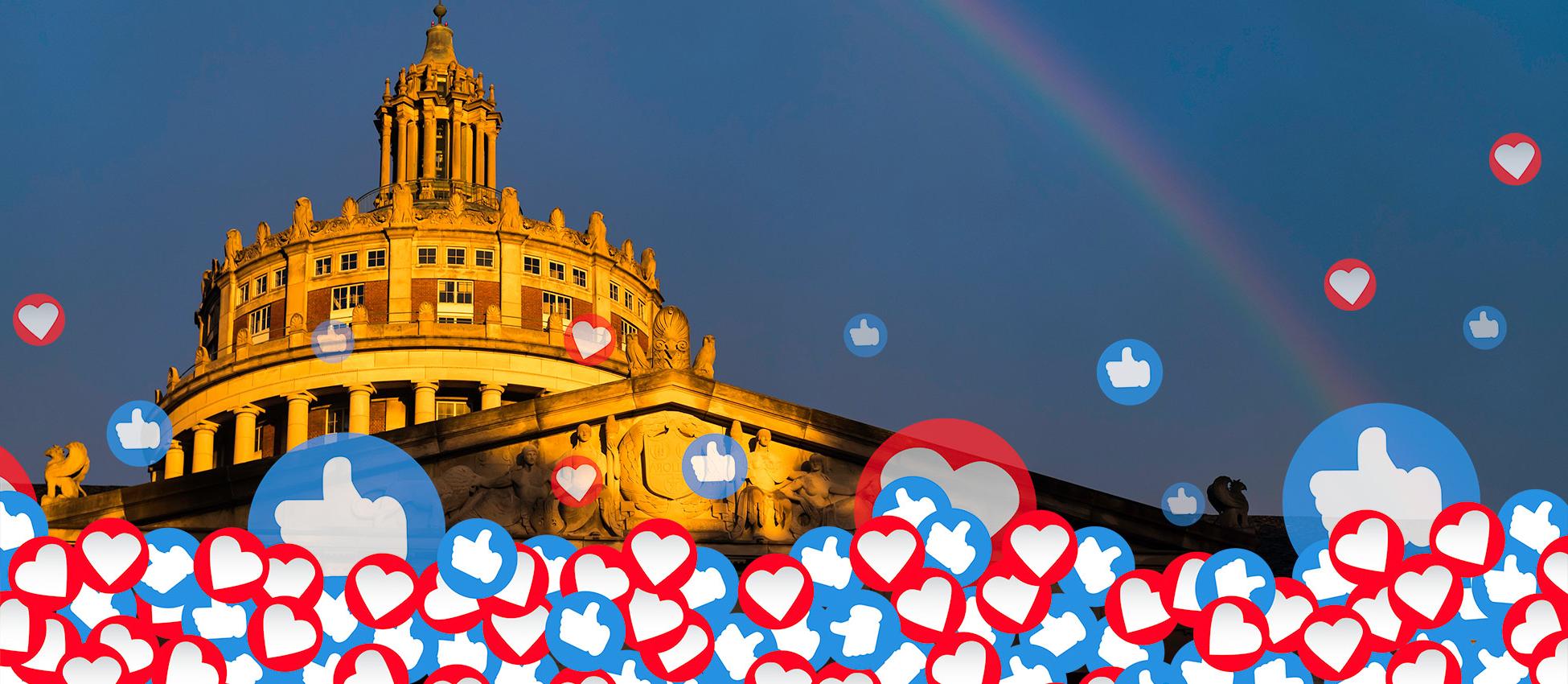 Rush Rhees Library with social media likes and hearts floating in front of it.